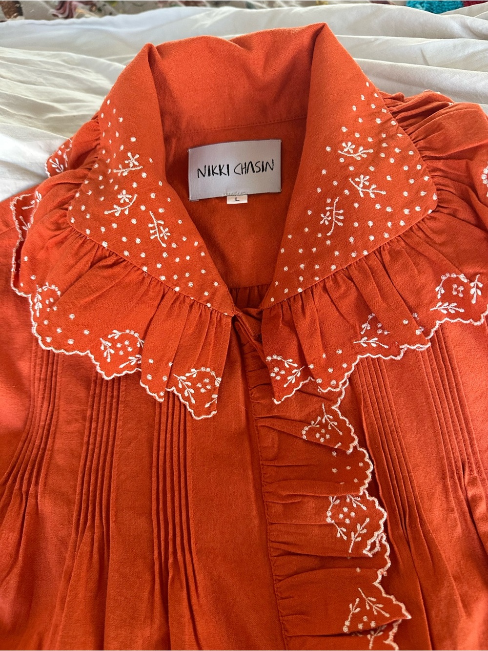 Nikki Chasin Women's Dolly Embroidered Ruffle Collar Top